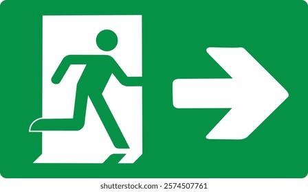 Green sign evacuation exit right. Designations location emergency evacuation exit. Quick and safe exit from a building or facility in case emergency. Direction a safe area. Iso 7010. Fire exit.