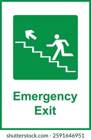 Green sign evacuation exit up steps. Designations location emergency evacuation exit. Quick and safe exit from a building or facility in case emergency. Direction a safe area. Iso 7010. Fire exit.