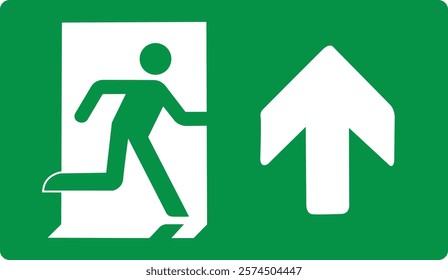 Green sign evacuation exit up. Designations location emergency evacuation exit. Quick and safe exit from a building or facility in case emergency. Direction a safe area. Iso 7010. Fire exit.