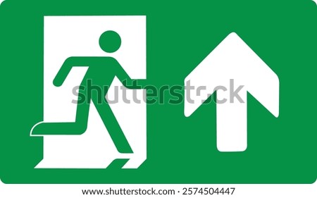 Green sign evacuation exit up. Designations location emergency evacuation exit. Quick and safe exit from a building or facility in case emergency. Direction a safe area. Iso 7010. Fire exit.