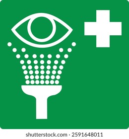 Green sign eye wash station. Designation places where equipment for washing eyes is installed in case ingress chemicals, dust, chips or other harmful materials. Iso 7010. Eye safety.