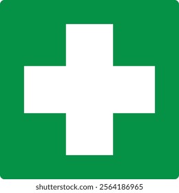 Green sign first aid. Indications the location equipment, means or premises related to the provision of first aid. Safety symbol. Green directional sign. Safety first. First aid station. Iso 7010.