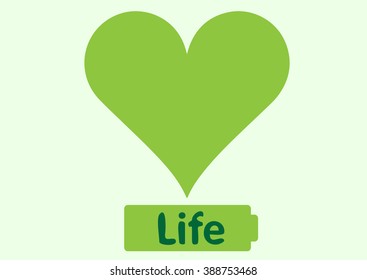 Green sign of a heart and the full battery with an inscription