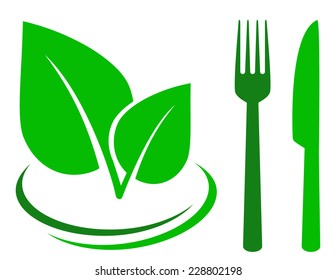 green sign with leaf and cutlery on white background