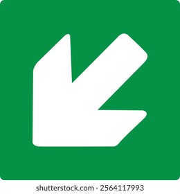 Green sign left arrow. Arrow pointing down to the left. Arrow 45° degrees. Direction of movement to exit or shelter in an emergency. Movement to a safe area. Nearest safe point or exit. ISO 7010.