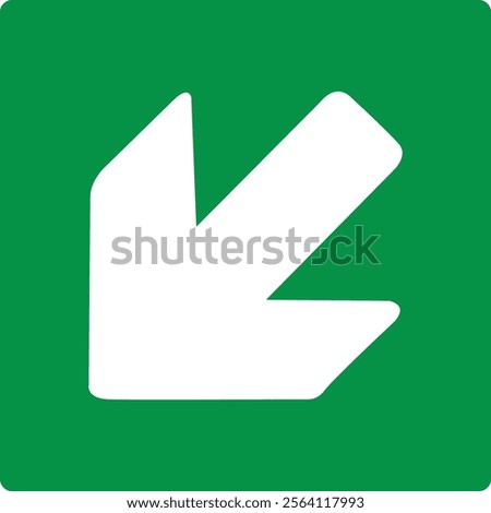 Green sign left arrow. Arrow pointing down to the left. Arrow 45° degrees. Direction of movement to exit or shelter in an emergency. Movement to a safe area. Nearest safe point or exit. ISO 7010.