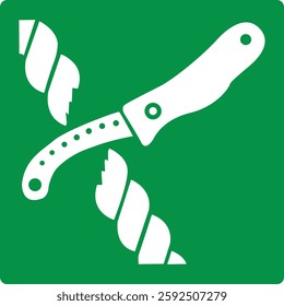 Green sign liferaft knife. Designation the place where a knife intended for cutting ropes, cords or other materials during deployment liferafts or emergency release is stored. ISO 7010. Rescue knife.