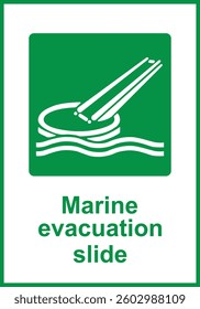 Green sign marine evacuation slide. Designation location slide intended for the evacuation persons from the vessel. Vertical ladder or inclined slide leading downwards. Iso 7010.