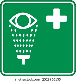 Lavado de ojos médico de signo verde. Icono de Vector. Señal de seguridad del Industrial. Primeros Auxilios En Caso De Salpicaduras Químicas. Situación de emergencia