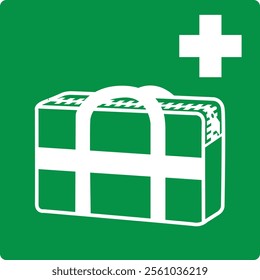 Green sign medical grab bag. Indicates the location a medical bag containing means for providing first medical aid in emergency situations. First aid means. Iso 7010.