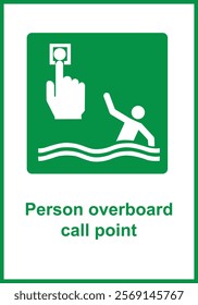 Green sign person overboard call point. Signal given if someone has fallen overboard. Water emergency alert. Attract attention and provide assistance to the victim. Water safety. Iso 7010.