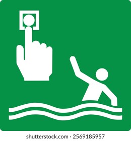 Green sign person overboard call point. Signal given if someone has fallen overboard. Water emergency alert. Attract attention and provide assistance to the victim. Water safety. Iso 7010.