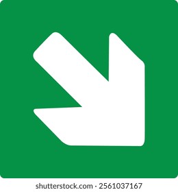 Green sign right arrow. Arrow pointing down to the right. Arrow 45° degrees. Direction movement to exit or shelter in an emergency. Movement to a safe area. Nearest safe point or exit. ISO 7010.