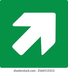 Green sign right arrow. Arrow pointing up to the right. Arrow 45° degrees. Direction movement to exit or shelter in an emergency. Movement to a safe area. Nearest safe point or exit. ISO 7010.