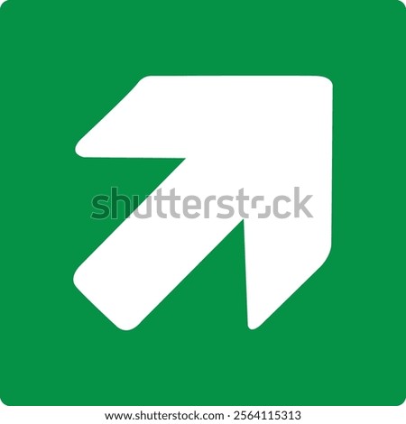 Green sign right arrow. Arrow pointing up to the right. Arrow 45° degrees. Direction movement to exit or shelter in an emergency. Movement to a safe area. Nearest safe point or exit. ISO 7010.