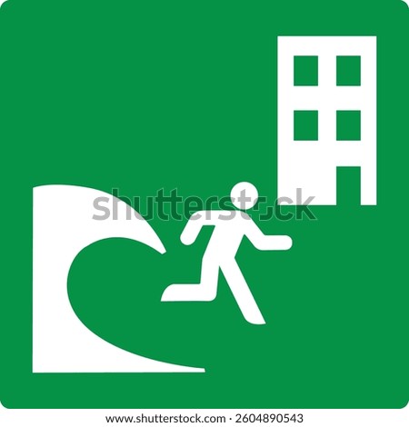 Green sign tsunami evacuation building. Indicates the location a safe building or structure intended to provide shelter to people in the event a tsunami threat. Iso 7010.