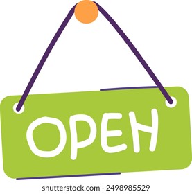 A green sign with white lettering that reads OPEN is hanging from a purple string