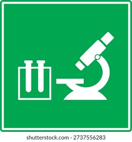 Green signage icon with a microscope and test tubes. Represents laboratory area, medical testing, clinical analysis, and research facility. Editable vector illustration for signage, web, and print use.