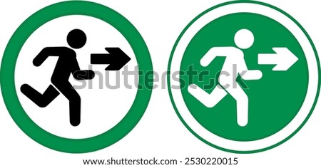 Green Signs Exit. Vector Icons. Warning Sign. Man Running Behind Exit Arrow. Emergency Evacuation Symbol