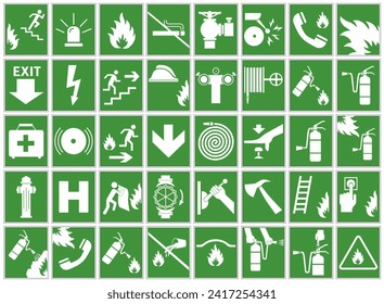 Green signs of necessary actions during a fire. Fire warnings and actions. Vector illustration. EPS 10.