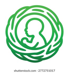 A green silhouette of a baby inside a circular wreath on a pure white background, with a simple and modern design style and bright green color