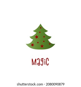 Green silhouette of a Christmas tree with golden snow and red stars on a watercolor background. Merry Christmas and Happy New Year 2022. Vector illustration. Magic.