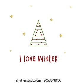 Green silhouette of a Christmas tree with red stars on a watercolor background. Merry Christmas and Happy New Year 2022. Vector illustration. I love Winter.