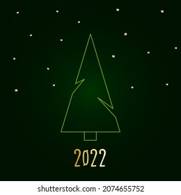 Green silhouette of a Christmas tree with snow and golden stars. Merry Christmas and Happy New Year 2022. Vector illustration.
