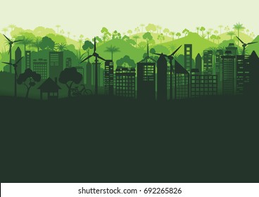 Green silhouette city landscape and forest abstract background.Nature and environment conservation concept flat design.Vector illustration.