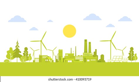 Green Silhouette City With Wind Turbine Clean Nature Ecology Environment Concept Flat Vector Illustration