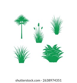 Green silhouette collection of palm tree grass bushes and other beautiful botanical elements