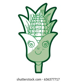 green silhouette of corn cob caricature with leaves vector illustration