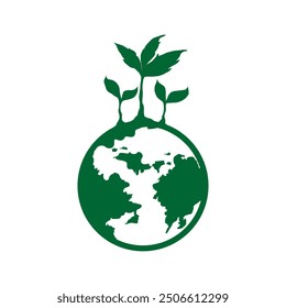 green silhouette earth logo, world logo, world health icon, go green icon. globe and plant logo