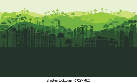 Green silhouette eco city landscape and forest abstract background.Nature and environment conservation concept flat design.Vector illustration.