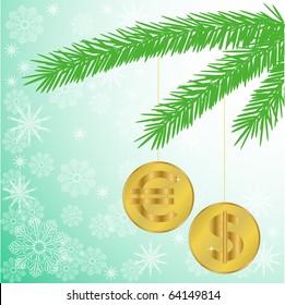 green silhouette of a fir branch with two shiny coins