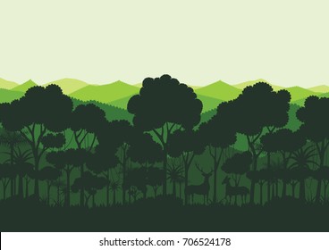 Green silhouette forest abstract background.Nature and environment conservation concept flat design.Vector illustration.