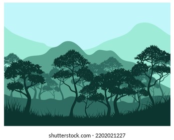 Green silhouette forest background.Nature and environment conservation concept flat design.Vector illustration