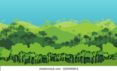 Green silhouette forest landscape background.Nature and environment conservation concept of paper art style.Vector illustration.