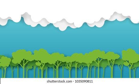 Green silhouette forest landscape with clouds and blue sky background.Nature and environment conservation concept of paper art style.Vector illustration.