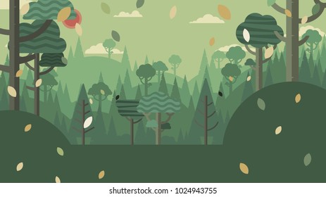 Green silhouette forest and mountains landscape abstract background.Nature and environment conservation concept flat design.Vector illustration.