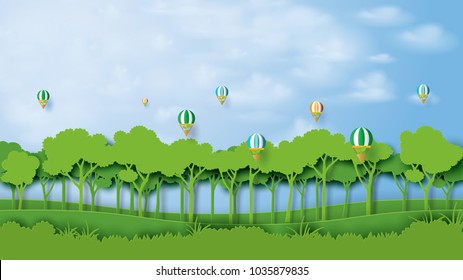 Green silhouette forest plantation and blue sky landscape abstract background.Nature and environment conservation concept flat design.Vector illustration.