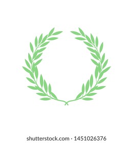 Green silhouette of greek laurel wreath in flat style, vector illustration isolated on white background. Icon or emblem of laureate or bay branches as symbol of victory and triumph