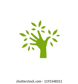 Green silhouette of hand with leaves. ecology symbol with hand tree. Save nature logo isolated on white. Eco friendly. Go green concept. Vector flat illustration. Earth day
