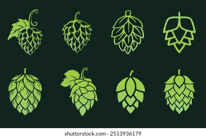 Silueta verde de lúpulo para el logotipo de la cerveza. Conjunto de diferentes flores de lúpulo. Icono de saltos sobre un fondo oscuro