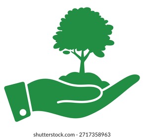 Silueta verde de una mano humana que sostiene suavemente un árbol de crecimiento Pequeño que simboliza la protección del medio ambiente y el cuidado de la naturaleza