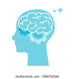 Green silhouette of human head with brain, gear inside. Mental health, therapy, treatment, head thinking concepts. World Mental Health Day. Memory training, brain system, psychology, knowledge design