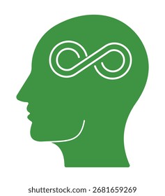 Una silueta verde de una cabeza humana que contiene un símbolo del infinito. Este icono representa el pensamiento ilimitado, la creatividad, la conciencia eterna y el potencial mental. Gráfico aislado para psicología
