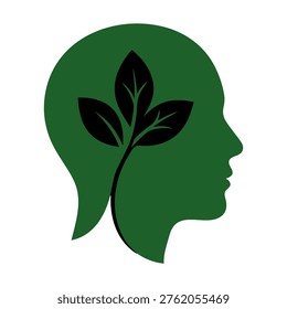 A green silhouette of a human head in profile with a black plant stem and leaves growing inside, symbolizing mental growth and environmental consciousness.