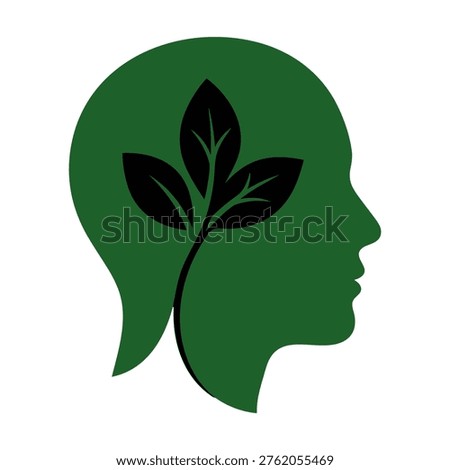 A green silhouette of a human head in profile with a black plant stem and leaves growing inside, symbolizing mental growth and environmental consciousness.