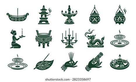 Green silhouette icon set featuring Asian spiritual elements such as incense sticks, oil lamps, dragon sculpture, pagodas, offering bowls, and hands holding ritual sage for meditation.